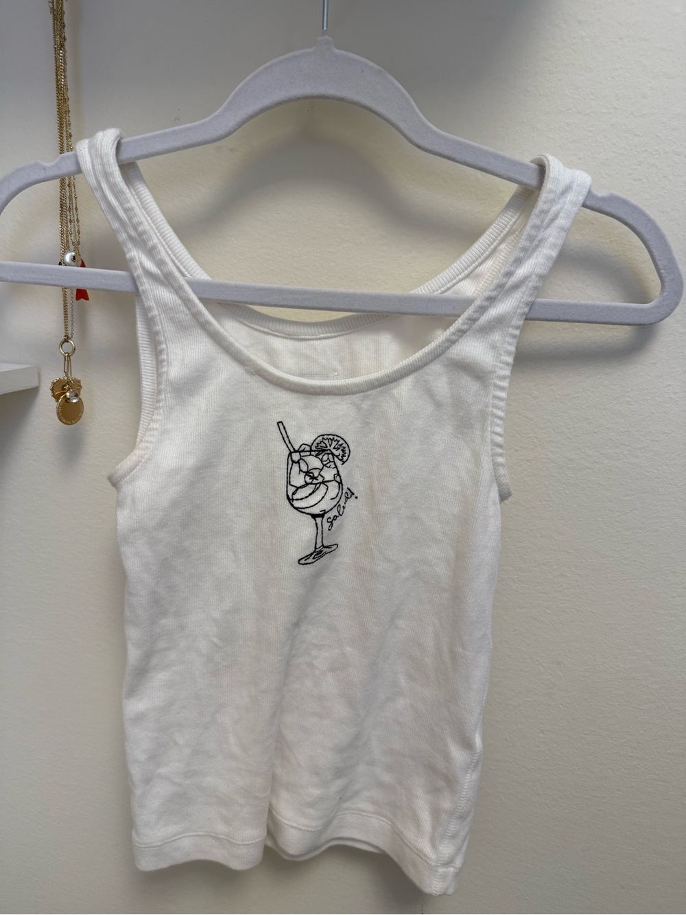 Anthropologie White Ribbed Tank with Black Cocktail Embroidery